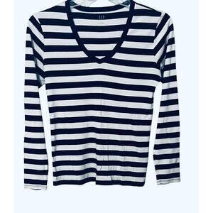 GAP FAVORITE LONG SLV PULL-OVER V-NECK COTTON TOP, WOMENS, L, BLACK/WHITE STRIPE